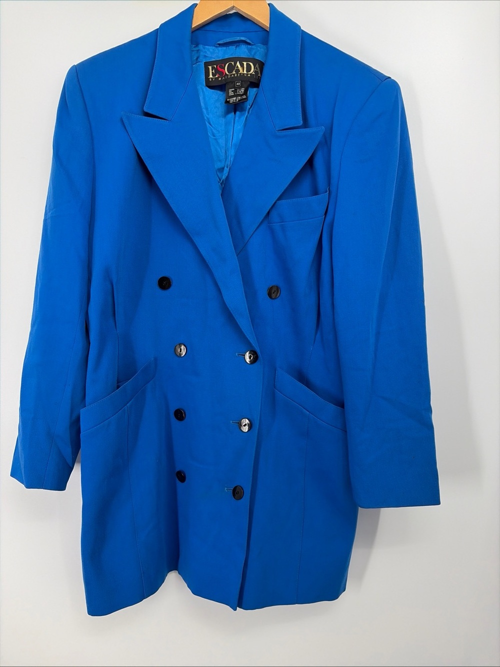 Vintage Escada Margaretha Blue 100% Wool Blazer Jacket 42 Buttons